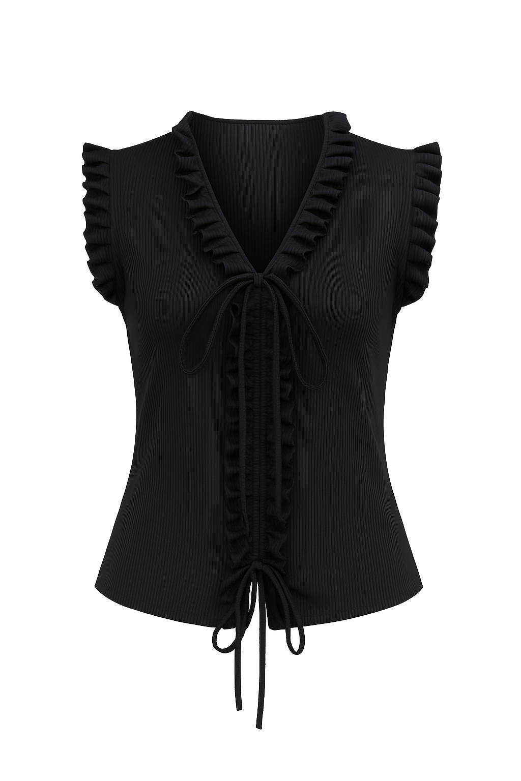 Black sleeveless top with ruffled details on a white background