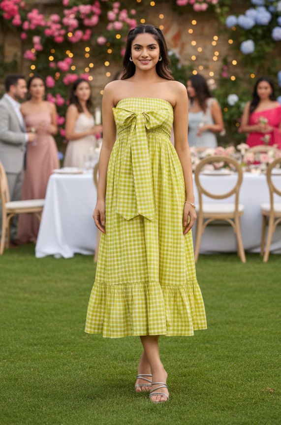 Woman in a yellow dress standing in a garden with tables and people in the background