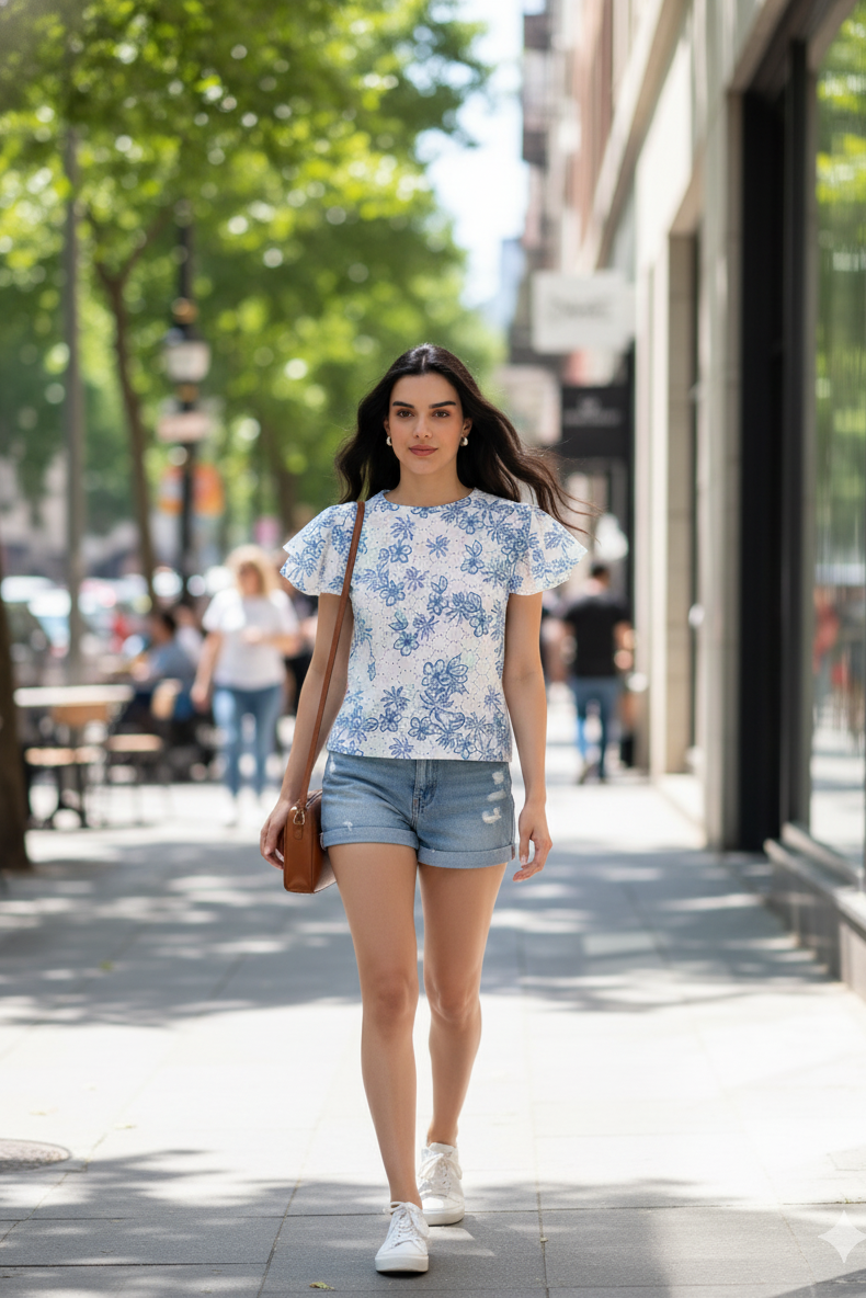 Woman walking on a city street wearing a blue floral top and denim shorts.