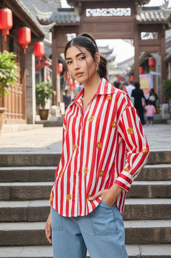 Woman in a red and white striped shirt standing in front of traditional Chinese architecture with red lanterns.