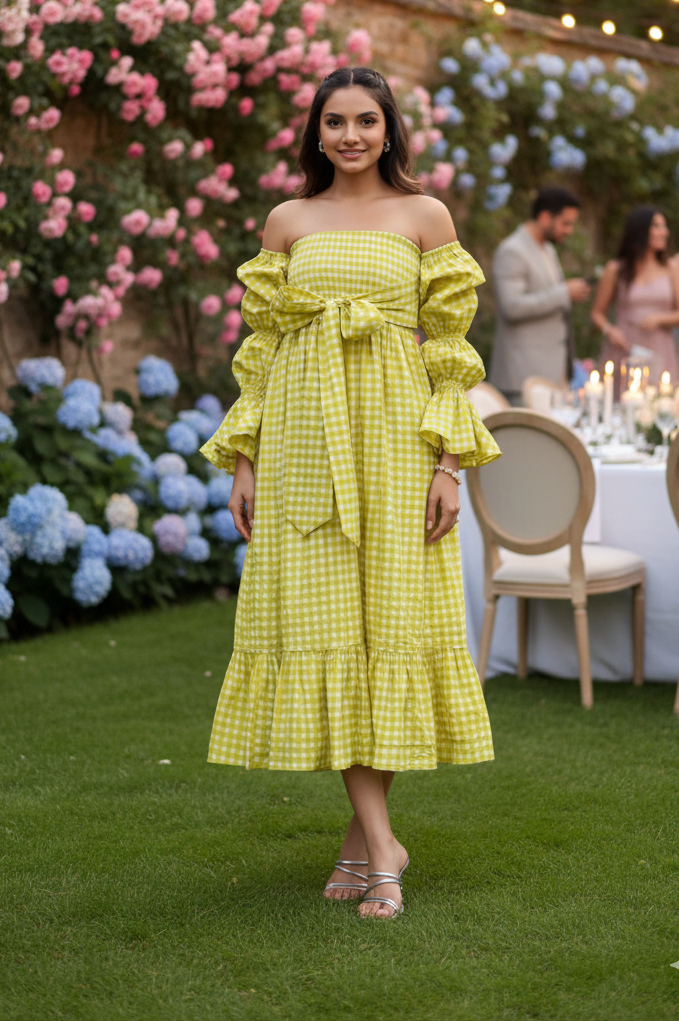 Woman in a yellow dress standing in a garden with flowers and people in the background