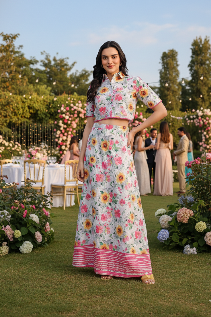 Woman in a floral outfit standing outdoors with floral decorations and people in the background