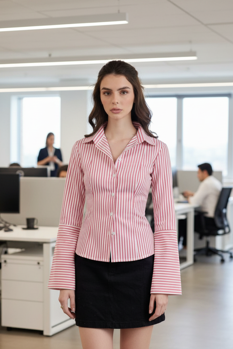 Woman in a red and white striped shirt and black skirt standing in an office.