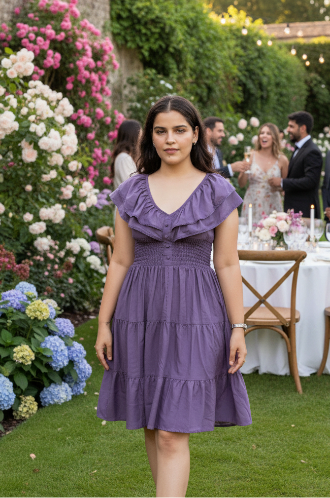 Woman in a purple dress standing in a garden with floral decorations and people in the background.