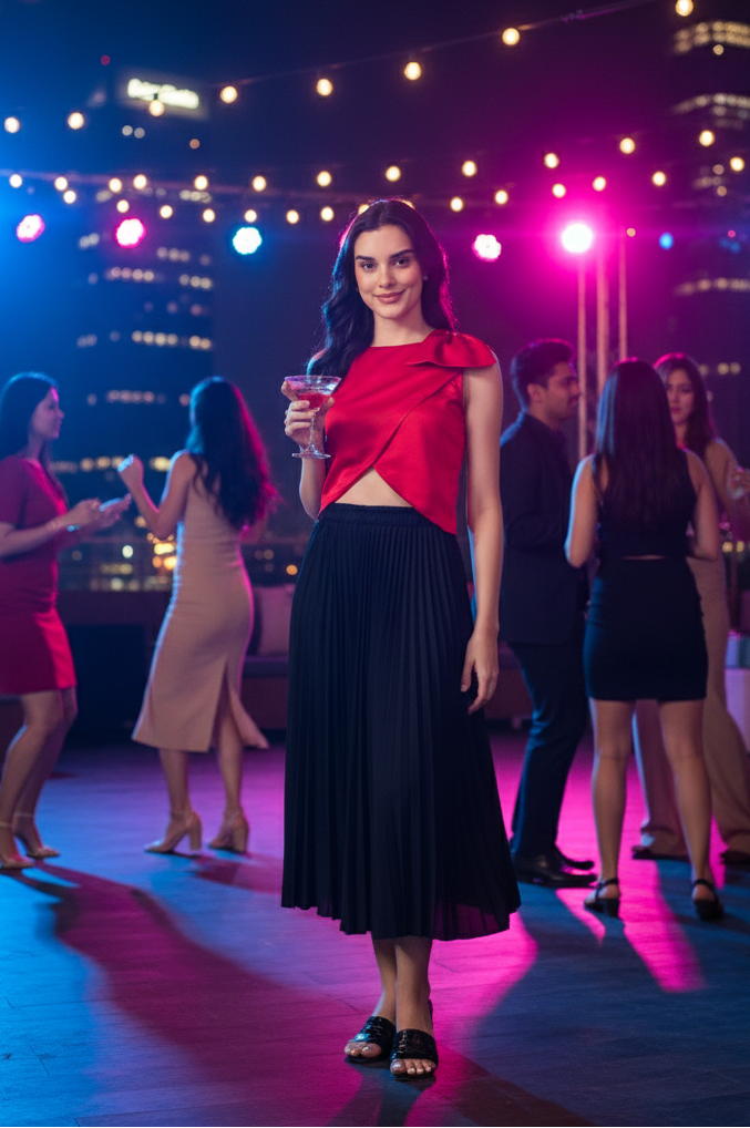 Woman in a red top and black skirt standing on a rooftop with city lights in the background