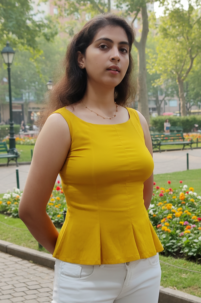 Woman wearing a yellow top and white pants standing in a park.