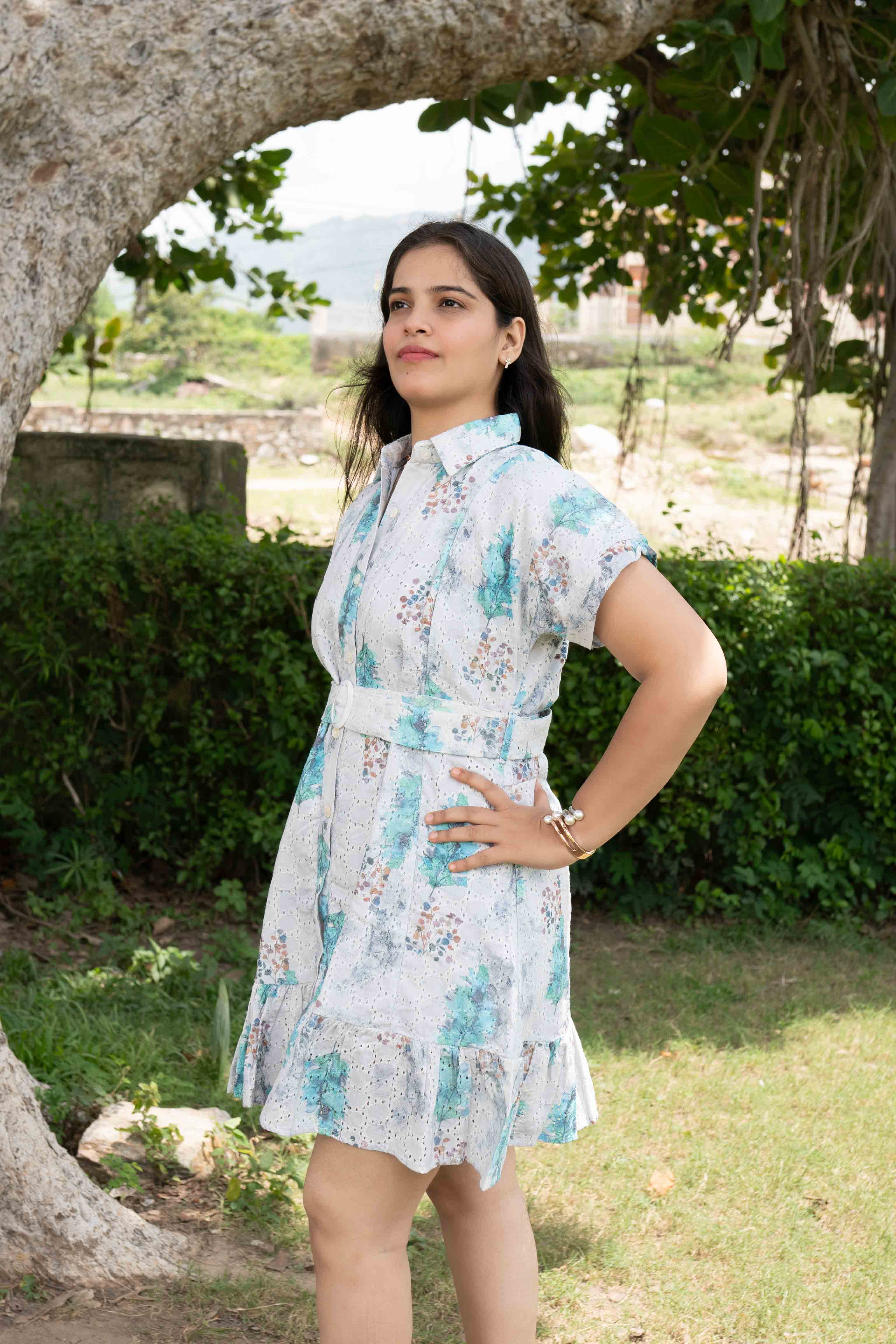 Embroidered printed white dress