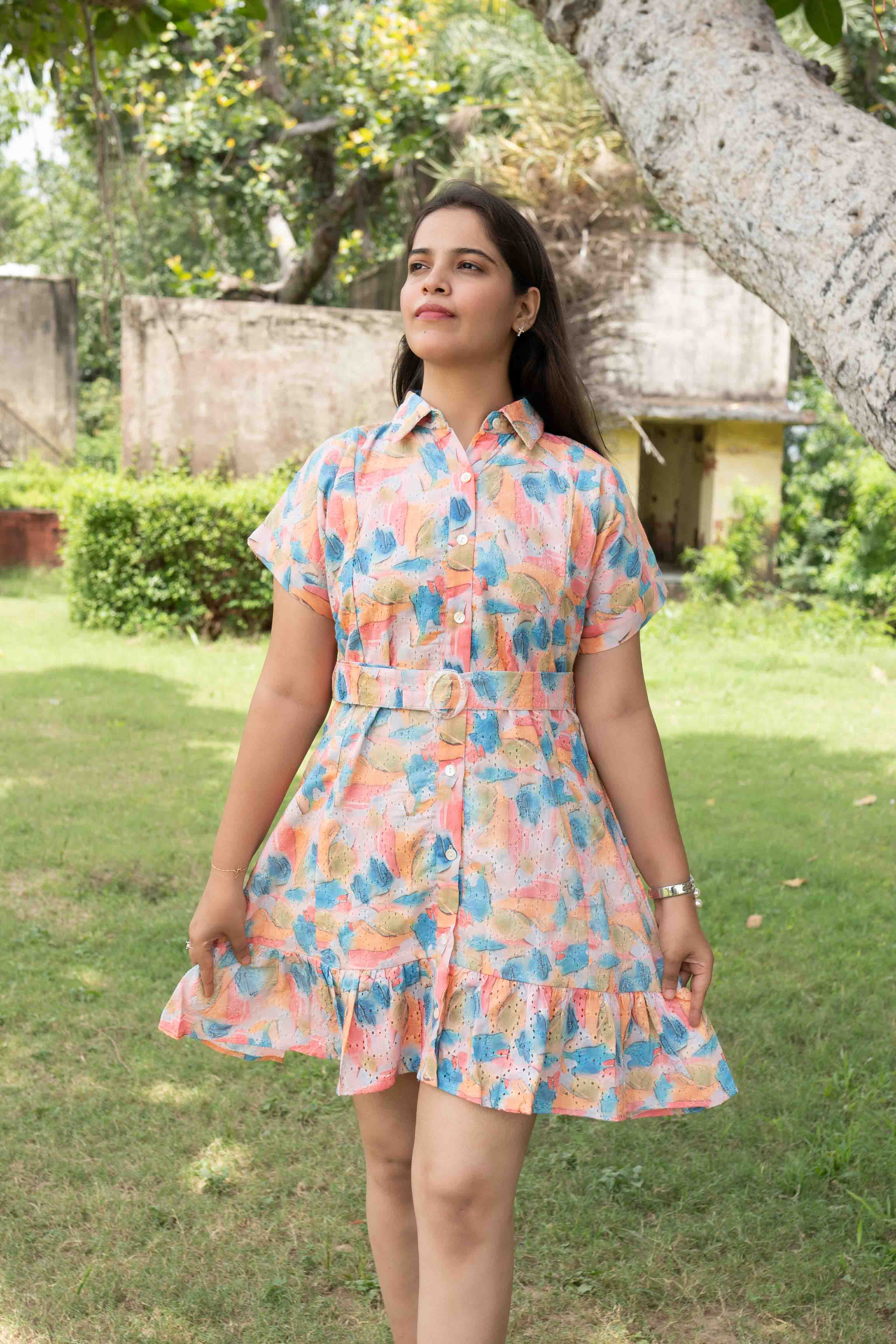 White printed embroidered dress