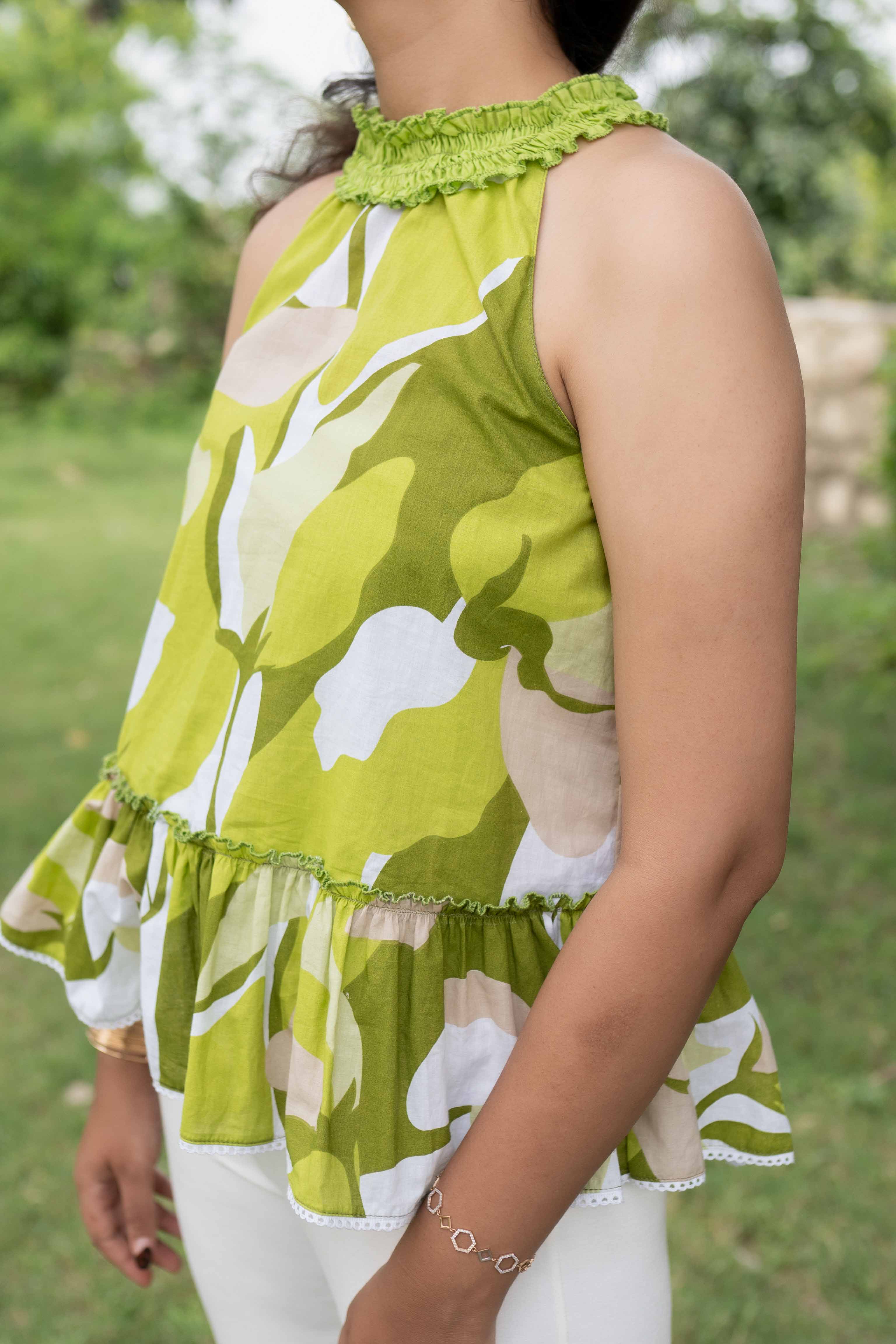 Green Printed halter neck Top