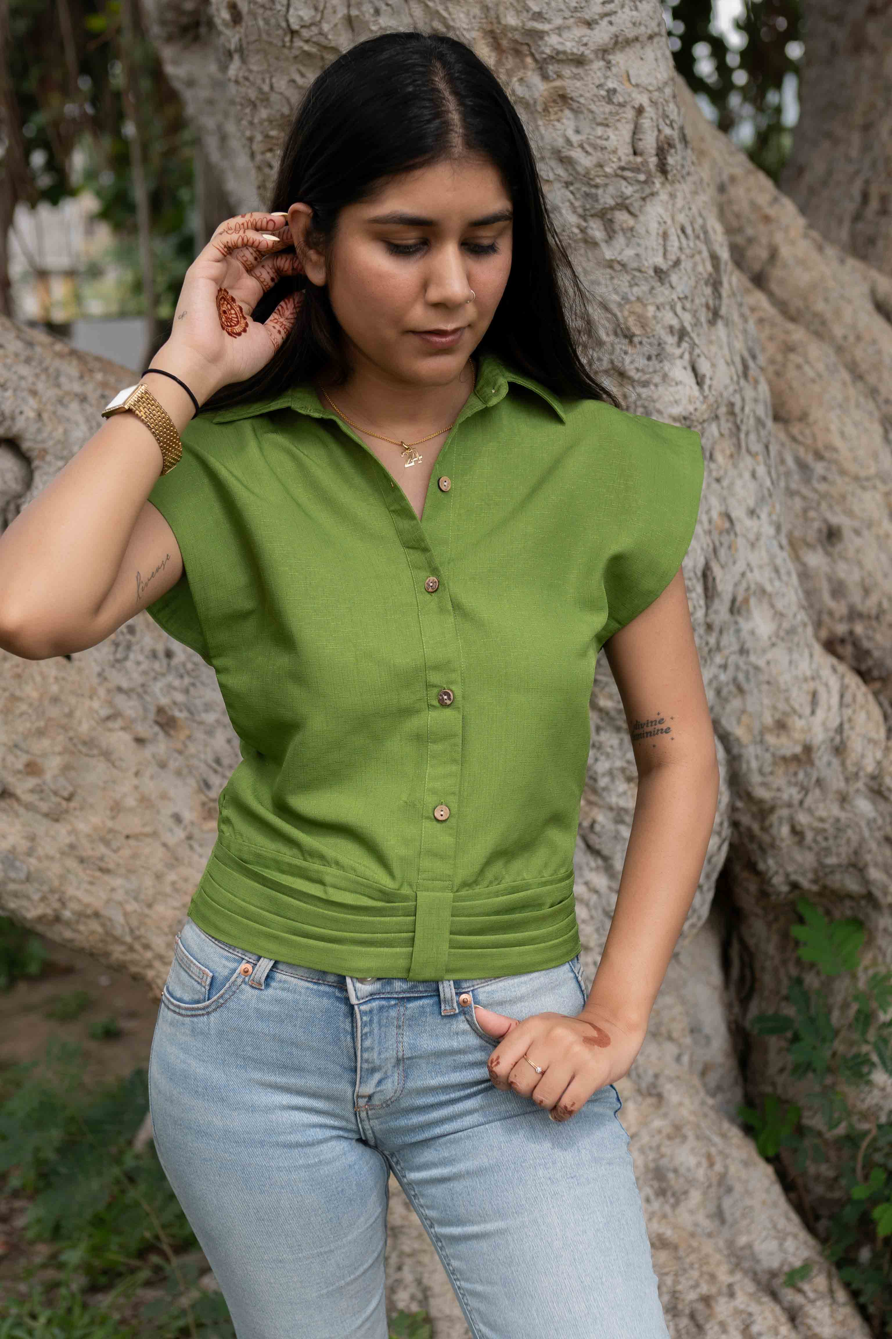 Green power shoulder top