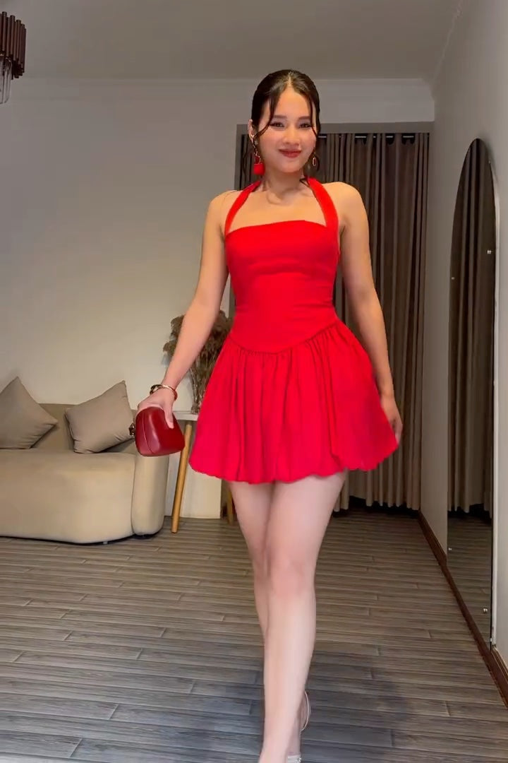 red puffy dress Red Halter Neck Puffy Dress – Miss Bright