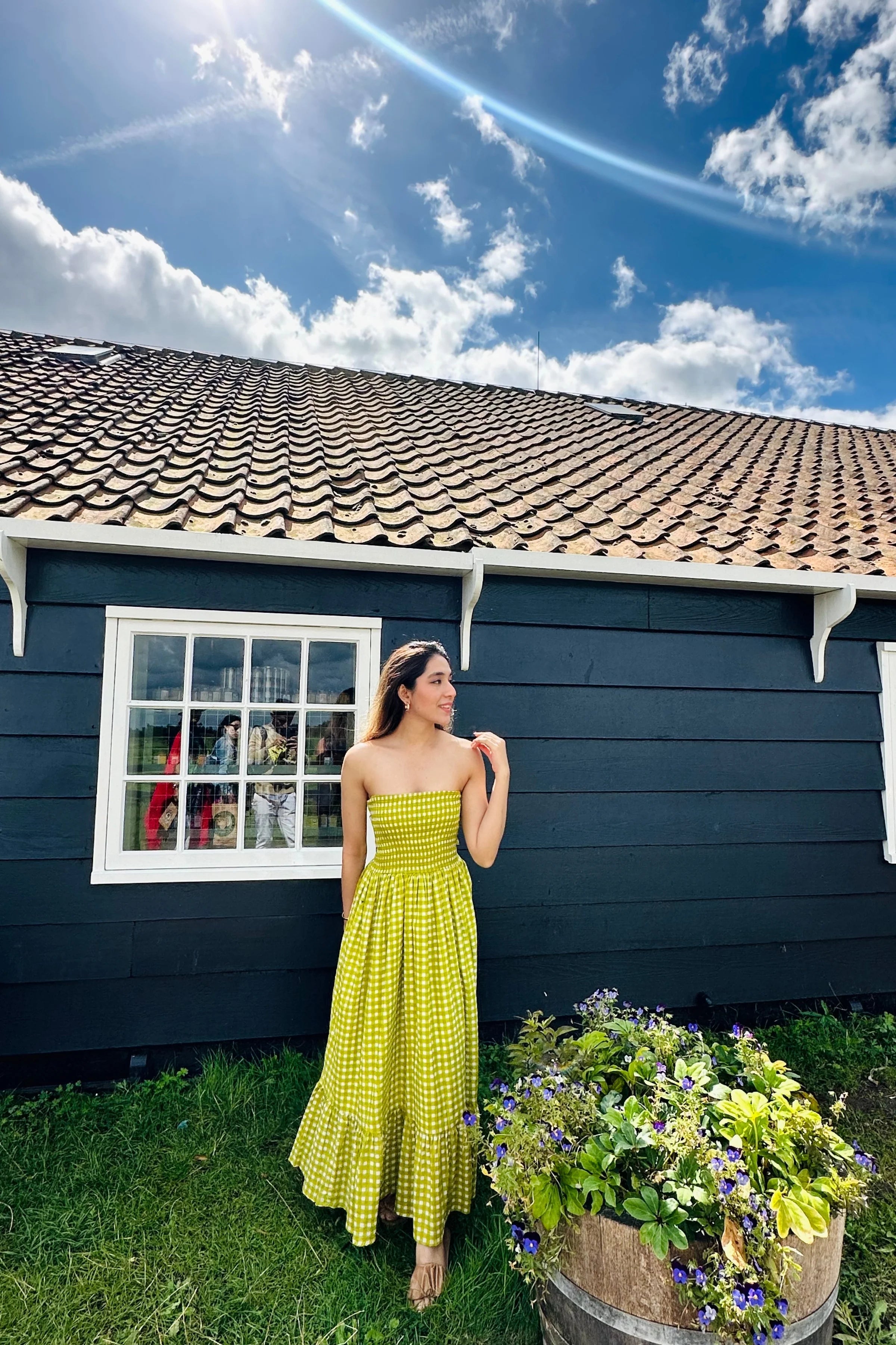 BRIGHT GREEN CHECKS VOLUME SLEEVES MIDI COTTON DRESS