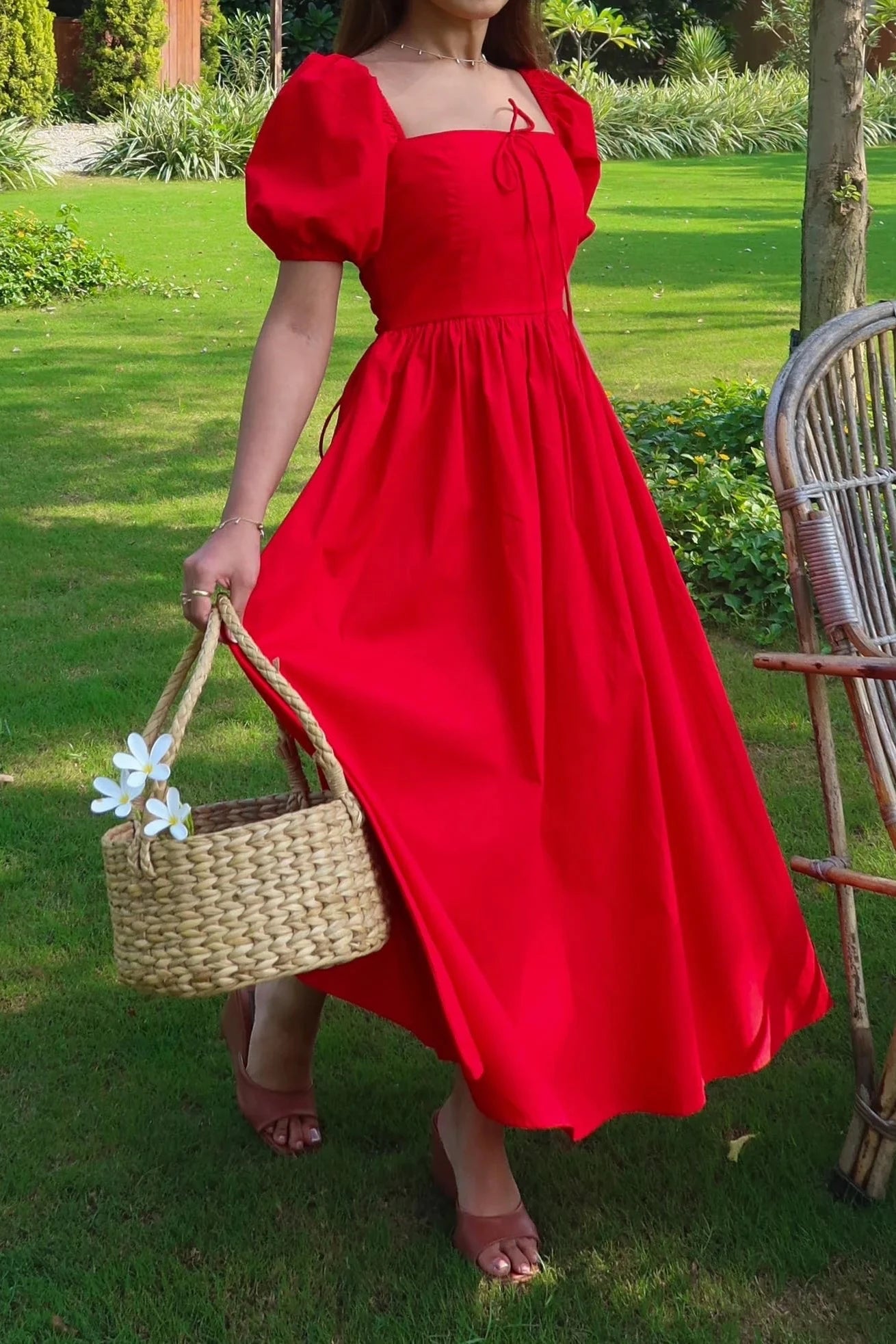 Red tie up cotton dress