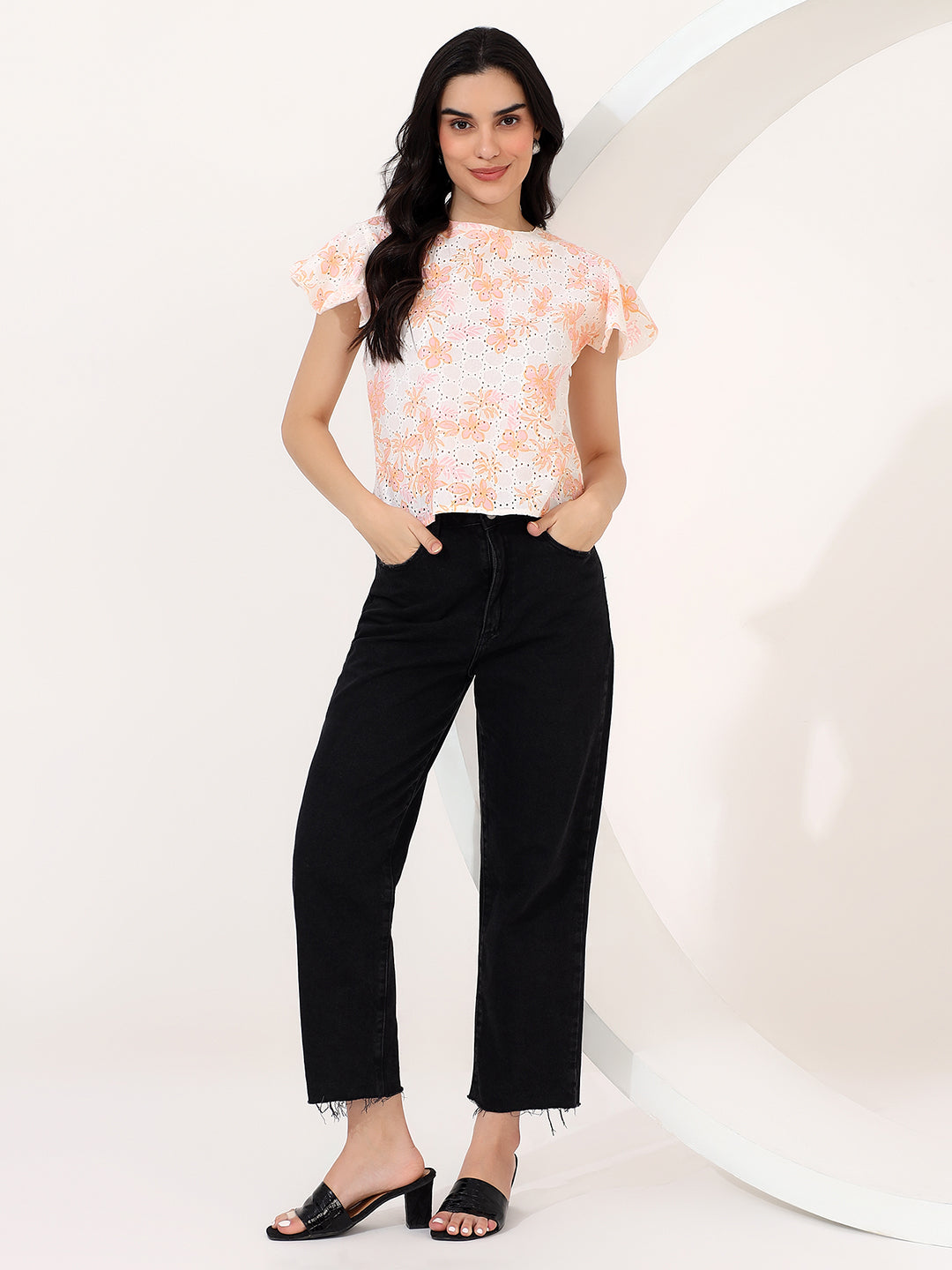 Embroided flower printed top