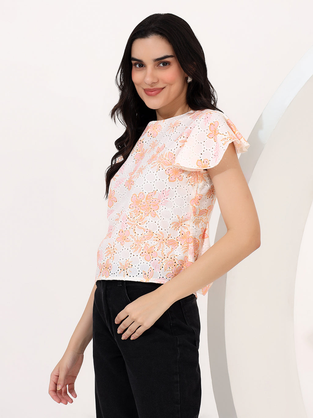 Embroided flower printed top