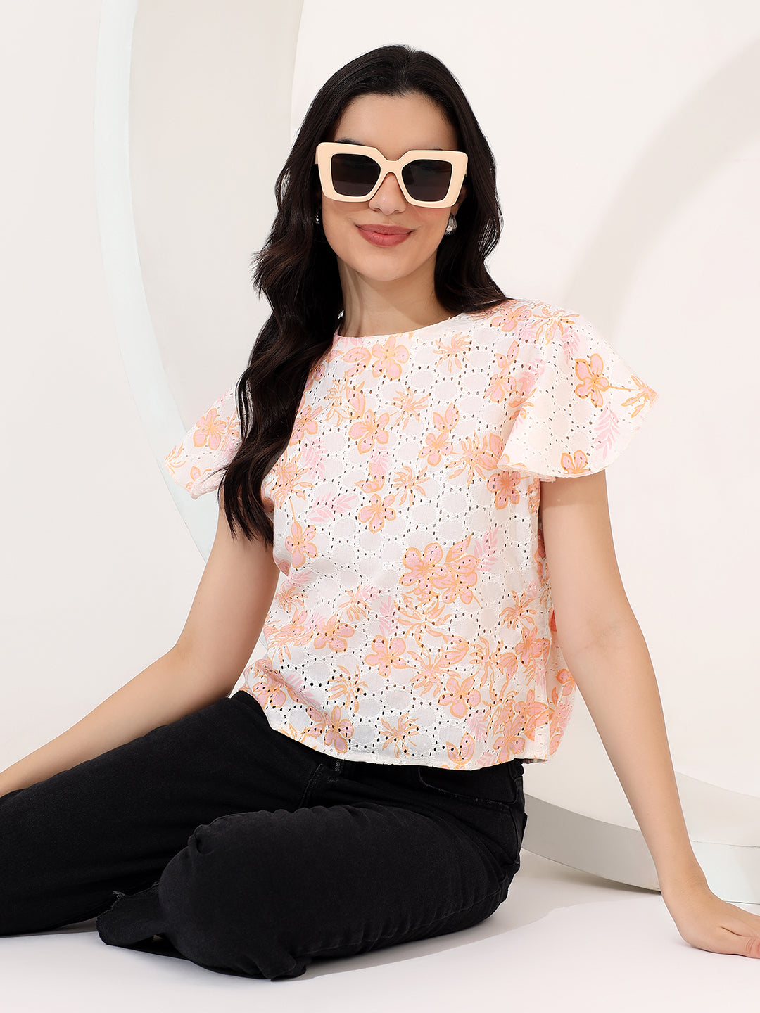 Embroided flower printed top