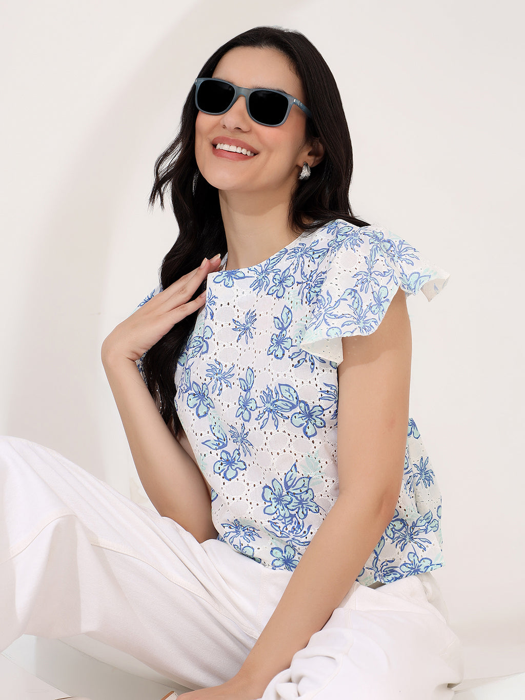 Embroided flower print top