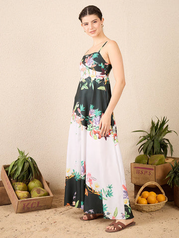 Green & Beige Floral Printed  Dress