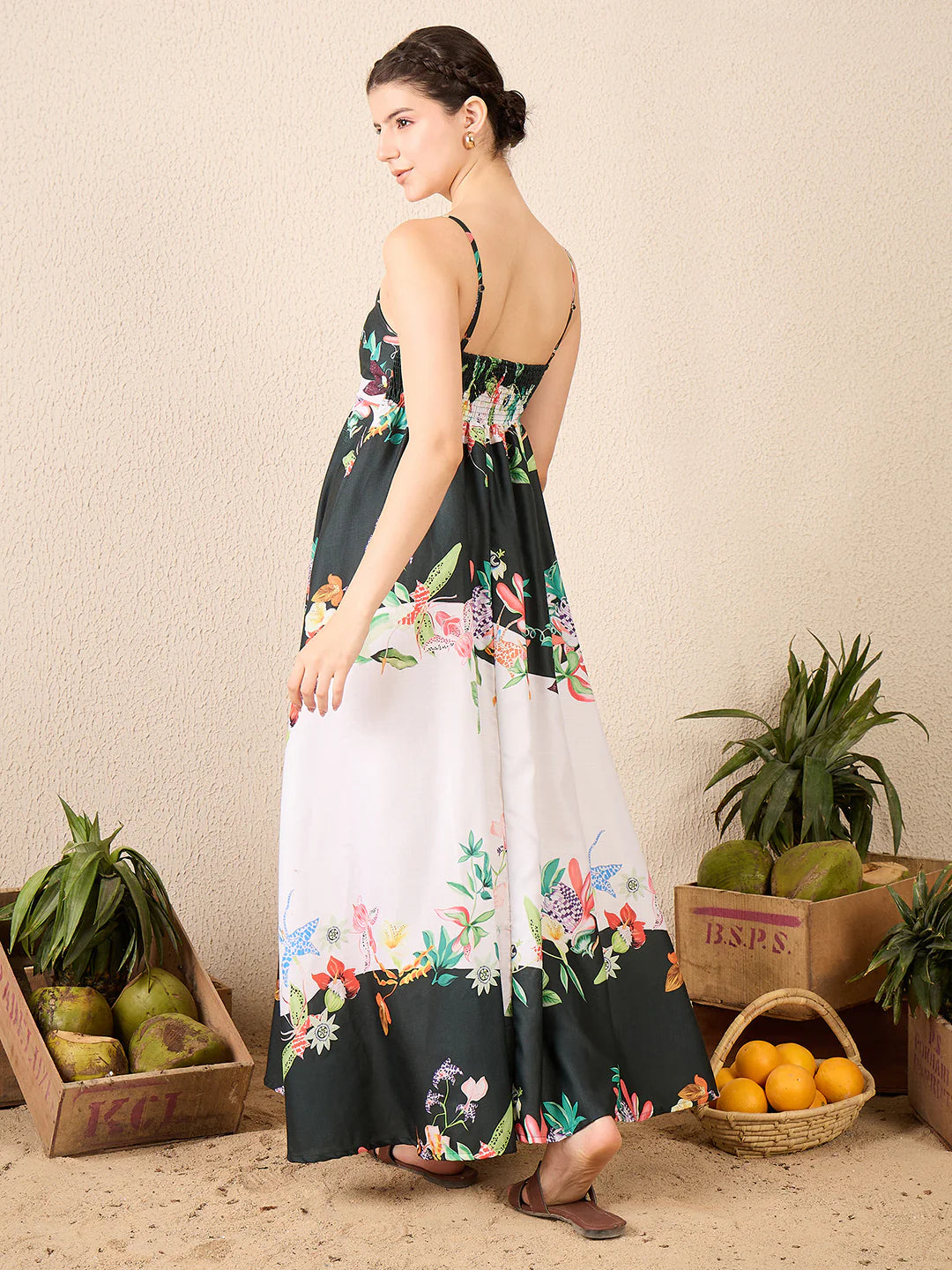Green & Beige Floral Printed  Dress