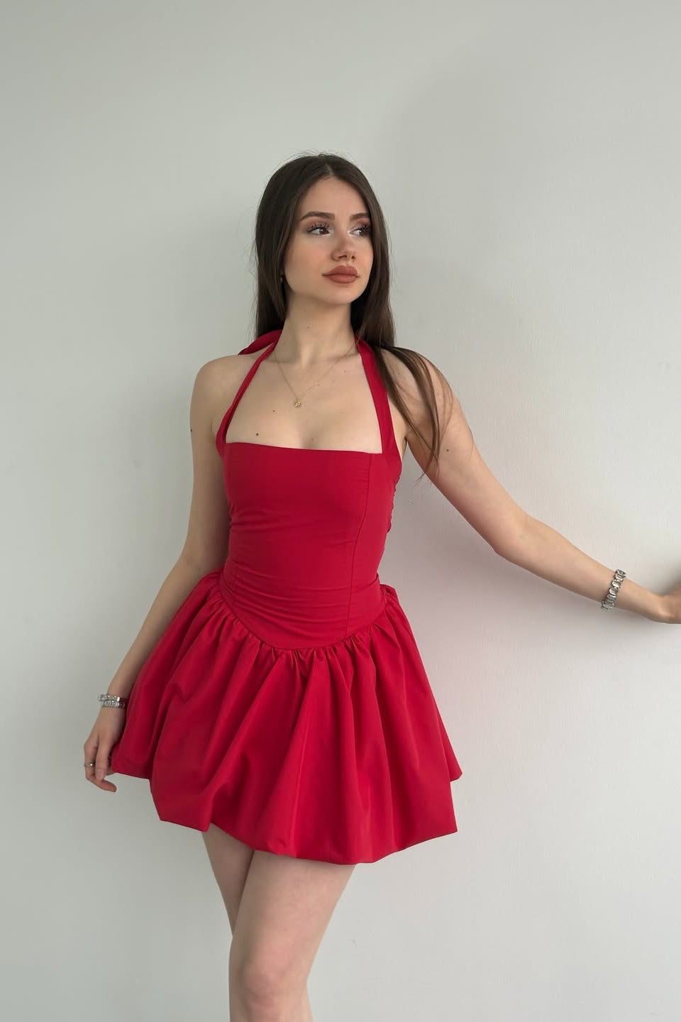 Cherry Red Halter Neck Puffy Dress Miss Bright Cherry Red Halter Neck Puffy Dress Miss Bright