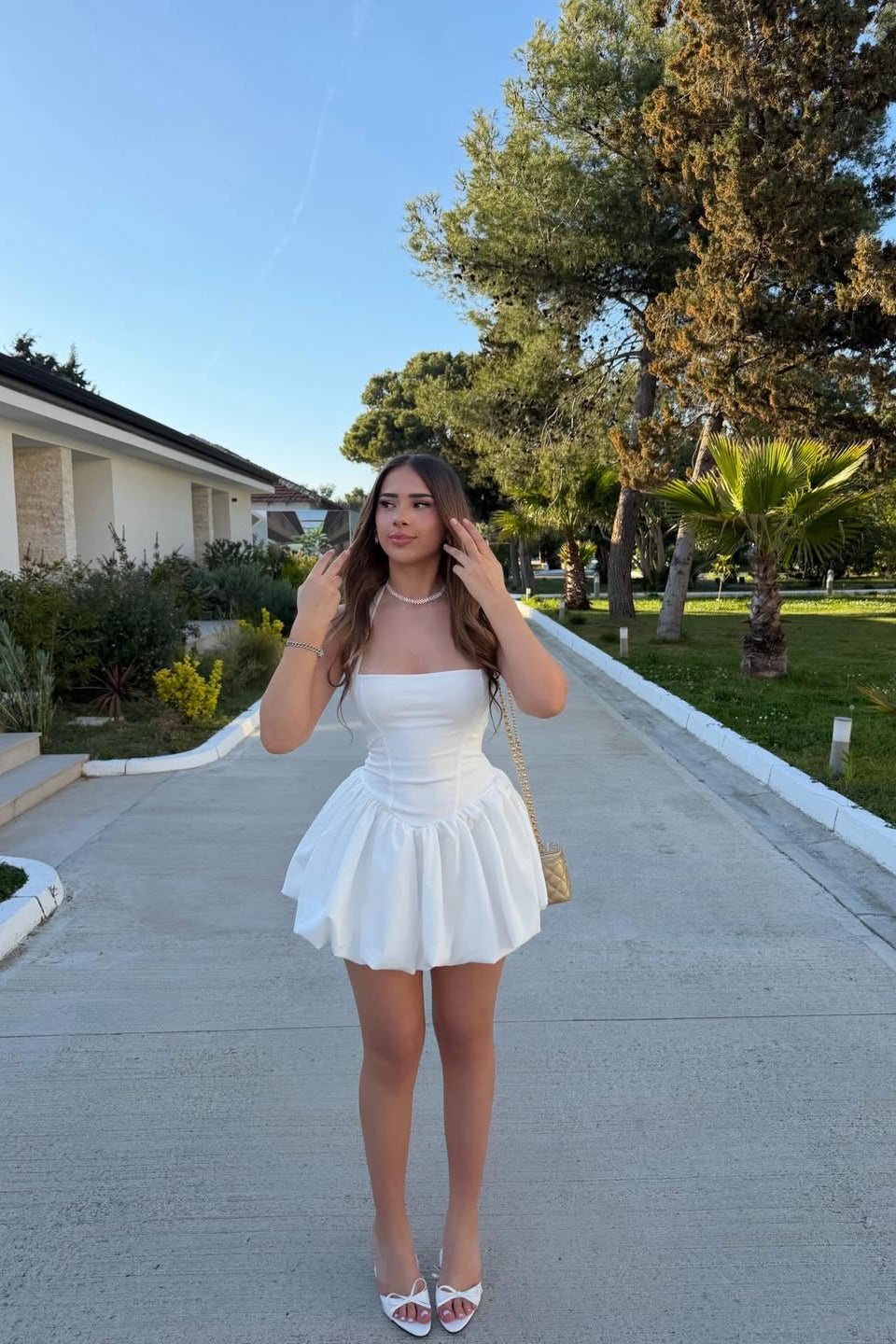 White Puffy Halter Neck Dress