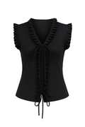 Black sleeveless top with ruffled details on a white background
