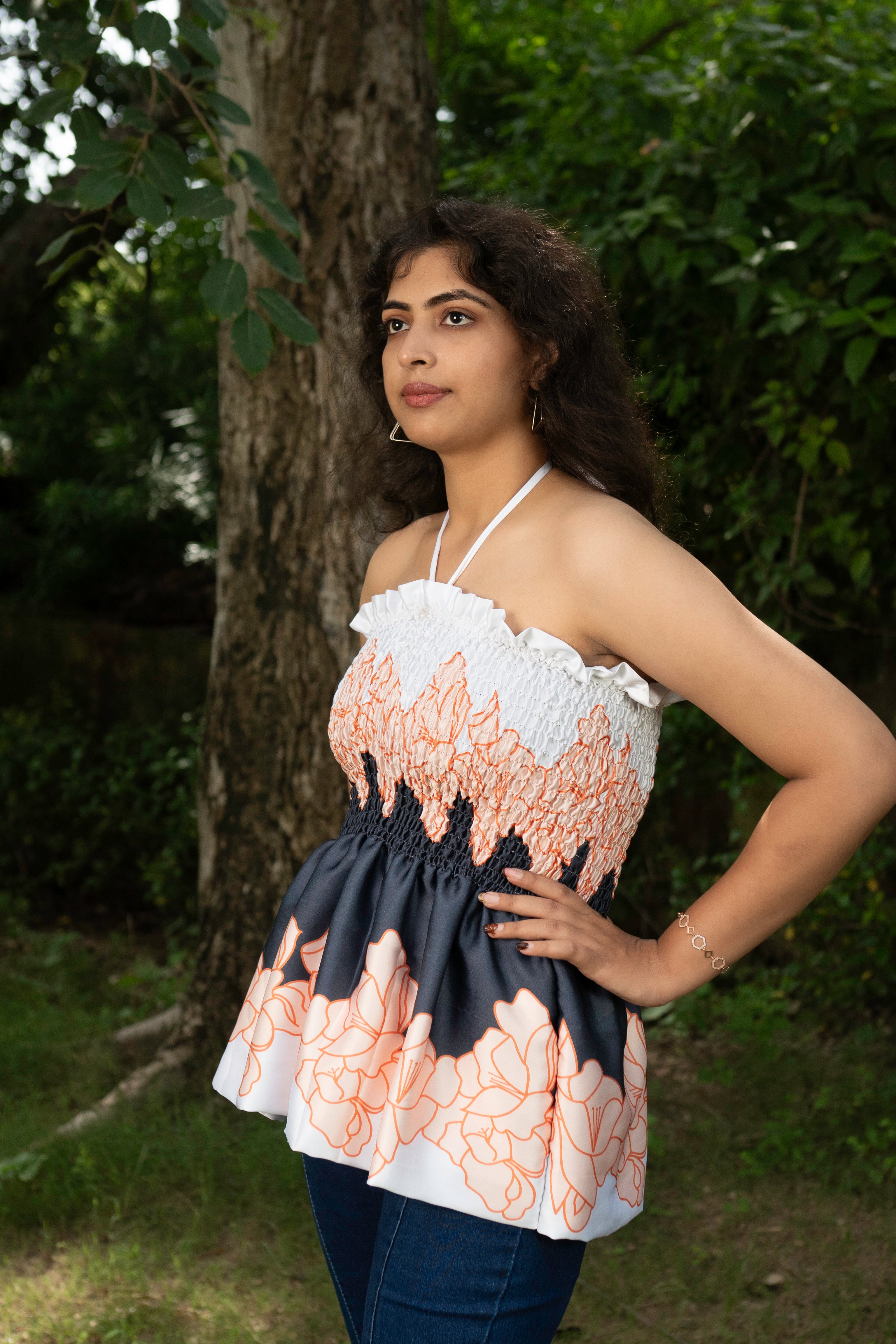 white printed satin top