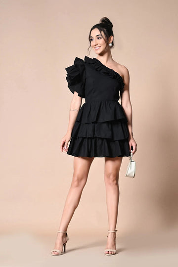 Black Corelia Cotton Frill Dress