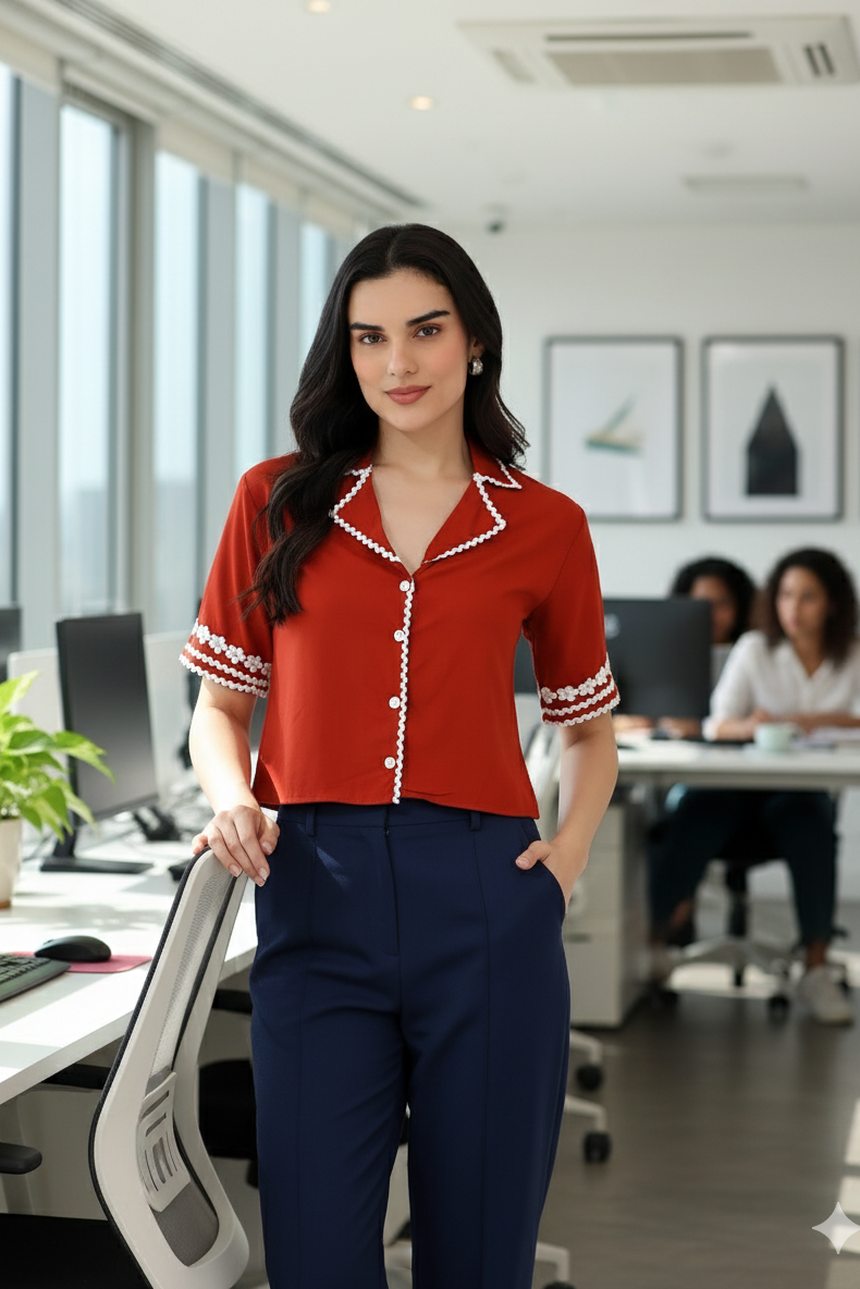 Woman in a red blouse and navy pants standing in an office setting with colleagues in the background.