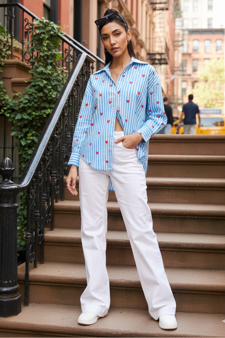 Woman in a blue patterned shirt and white pants standing on a city street.