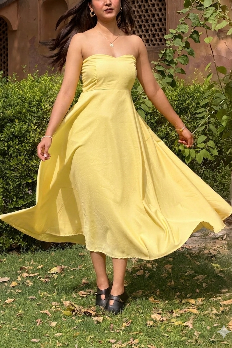 Woman in a yellow dress standing outdoors with greenery and a textured wall in the background