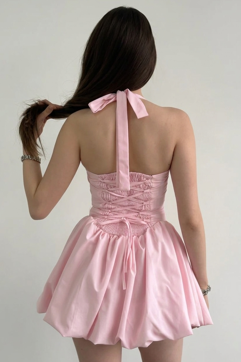Blush Halter Neck Puffy Dress