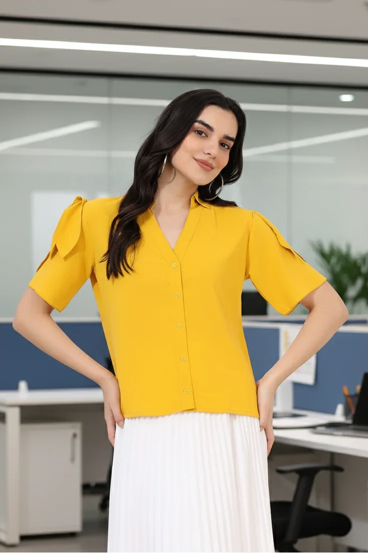 Woman in a yellow blouse and white skirt holding a black folder in an office setting.