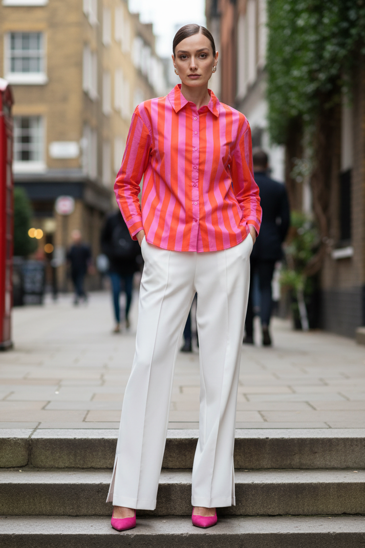 Woman in a pink striped shirt and white pants standing on steps with a red phone box in the background.