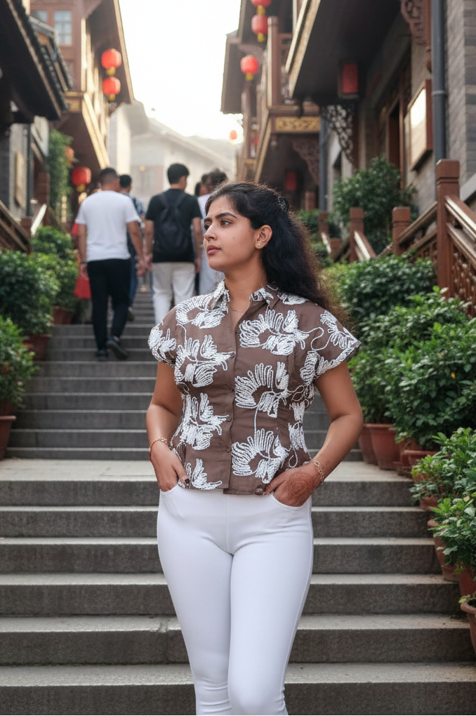 Woman standing on a set of stairs in an urban setting with traditional architecture and red lanterns.
