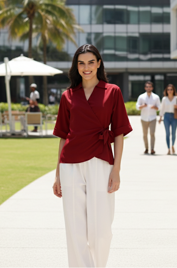 Woman in a red top and white pants standing on a path with modern buildings and palm trees in the background.