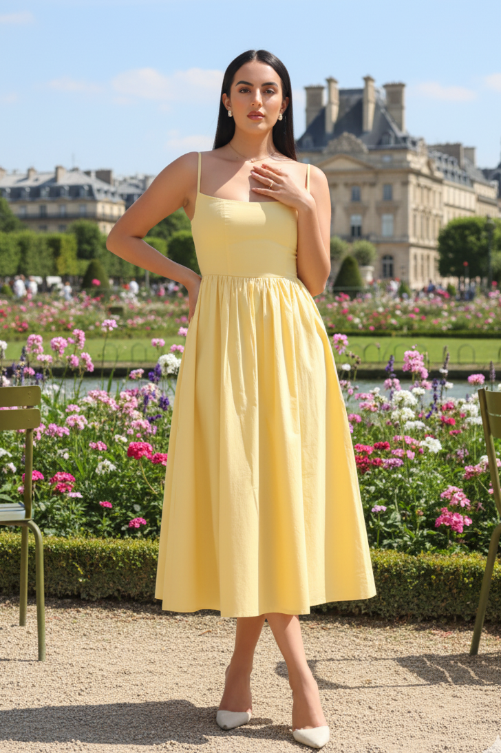 Woman in a yellow dress standing in a garden with flowers and a building in the background