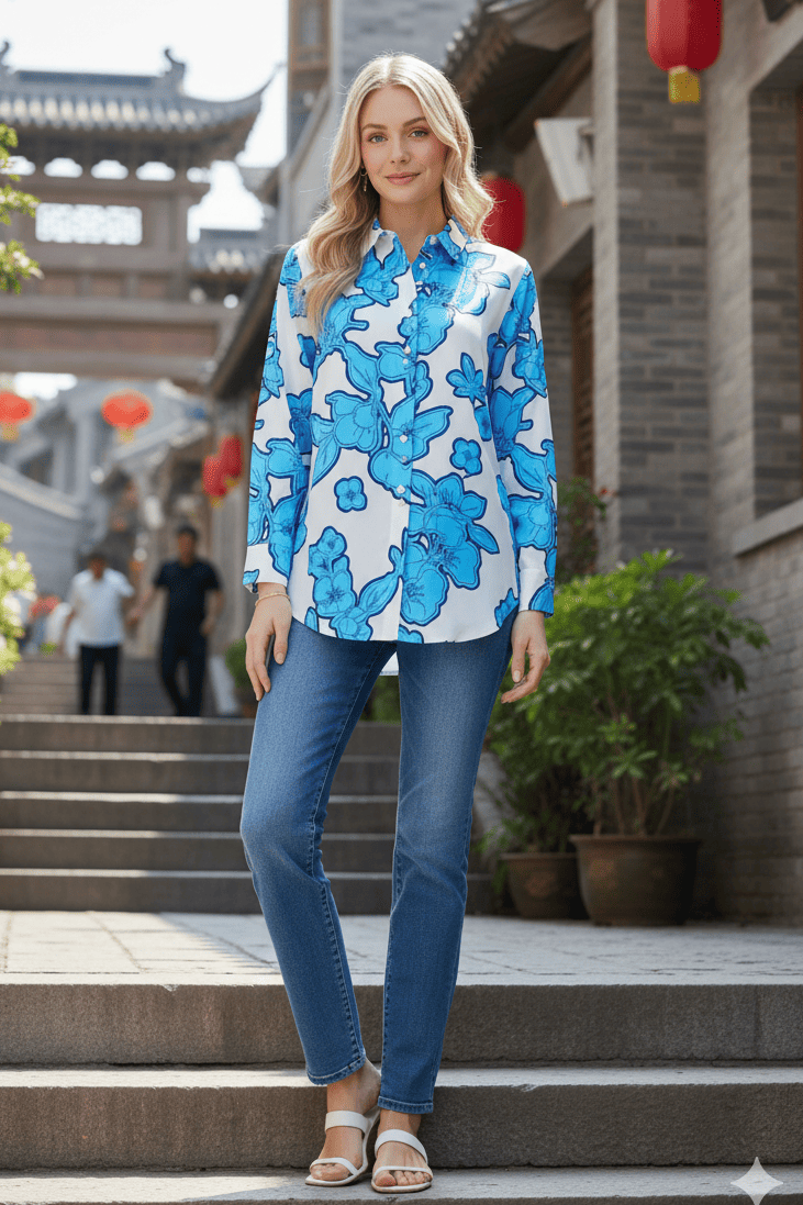 Woman in a blue floral shirt and jeans standing on stone steps with traditional architecture in the background.