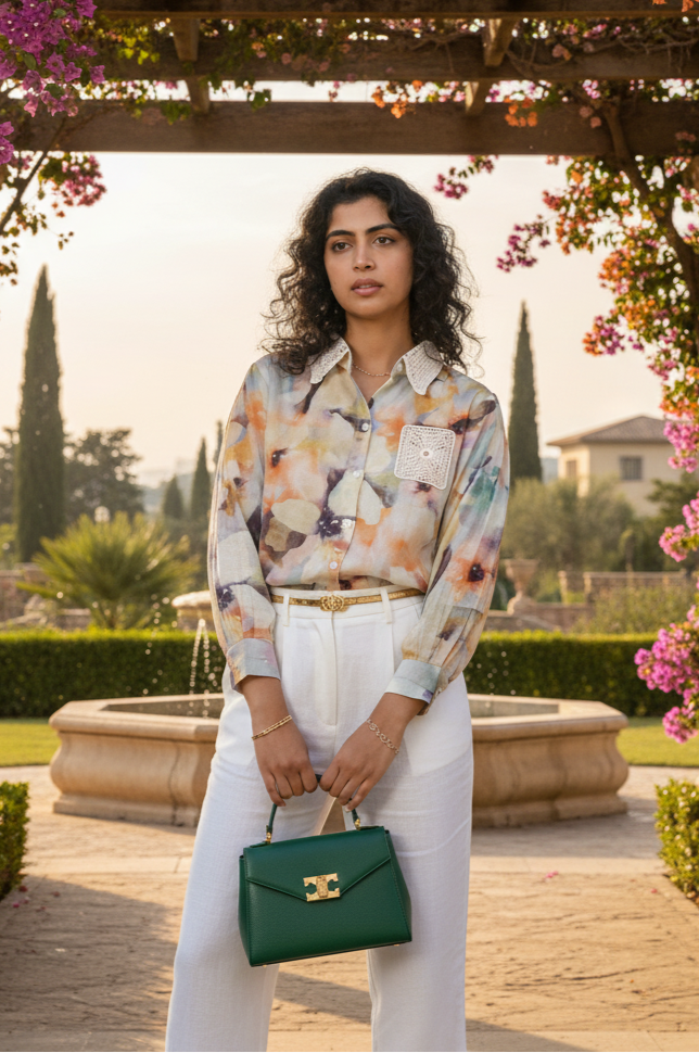 Woman wearing a colorful floral shirt with a blurred natural background