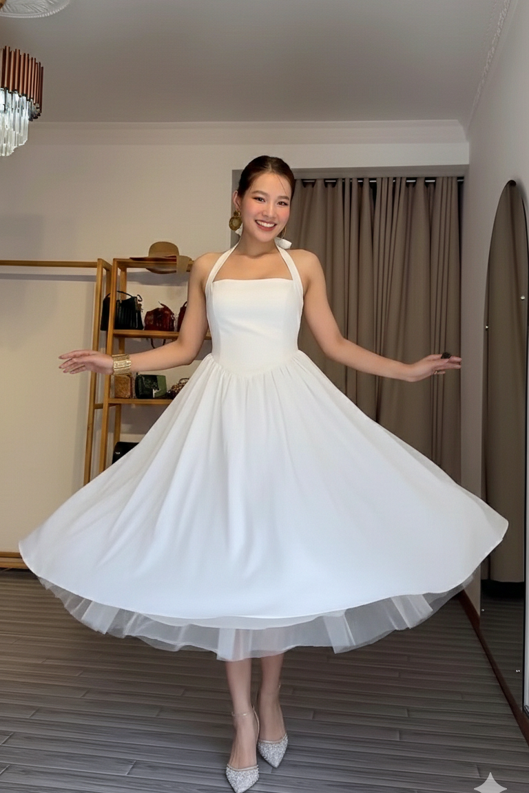 Woman in a white dress standing in a room with wooden flooring and a bookshelf.