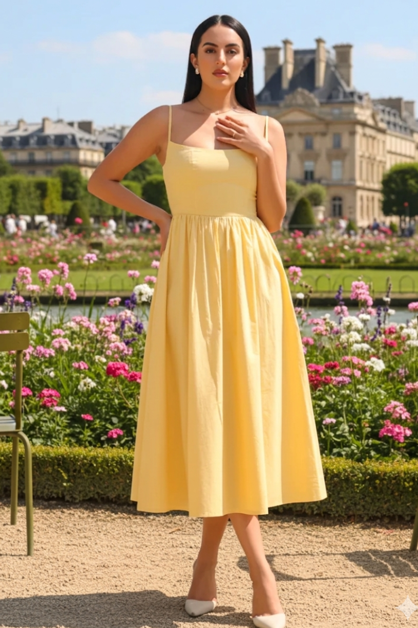 Woman in a yellow dress standing in a garden with flowers and a building in the background