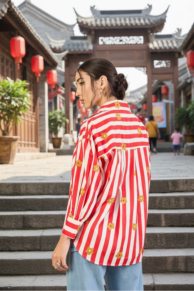 Woman in a red and white striped shirt standing on stone steps with traditional architecture in the background.