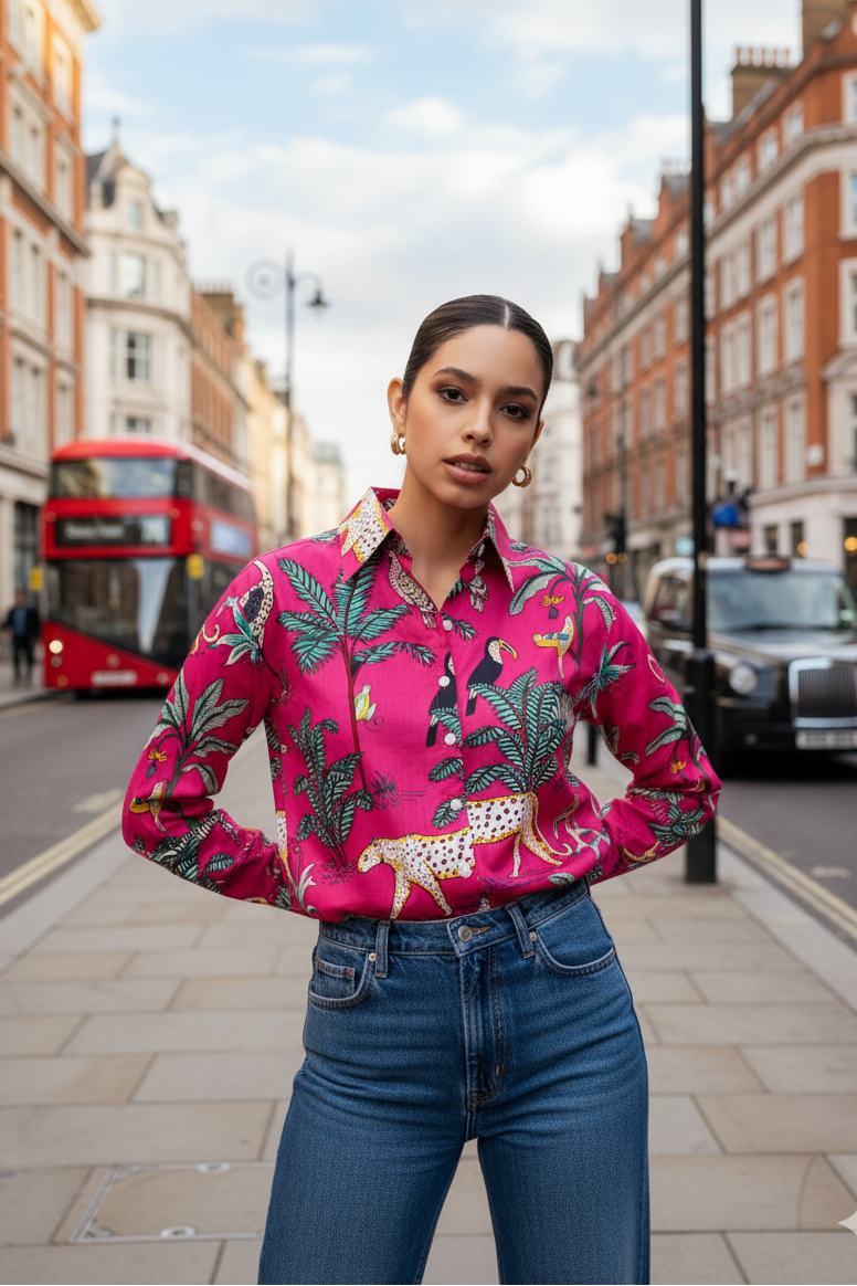 Woman wearing a colorful floral blouse and jeans on a city street with a double-decker bus in the background.