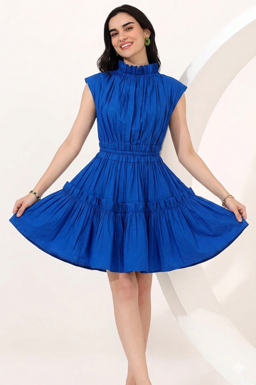 Royal Blue High-Neck Pleat Dress