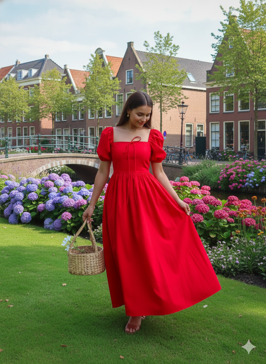 Red tie up cotton dress
