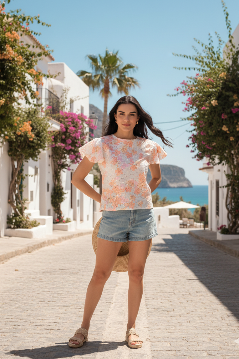 Woman standing on a sunlit street with white buildings and palm trees in the background