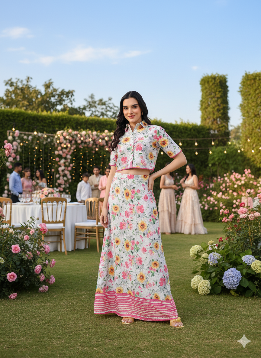 Woman in a floral dress standing outdoors with a garden and people in the background