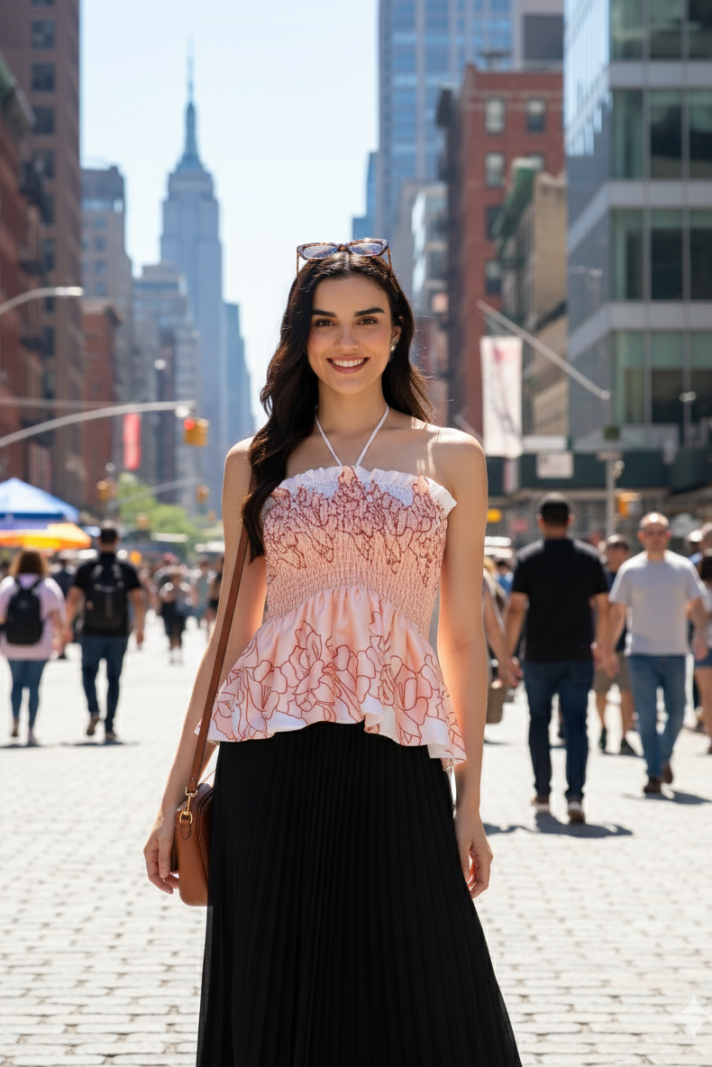 Woman in a pink top and black skirt standing on a city street with tall buildings in the background.