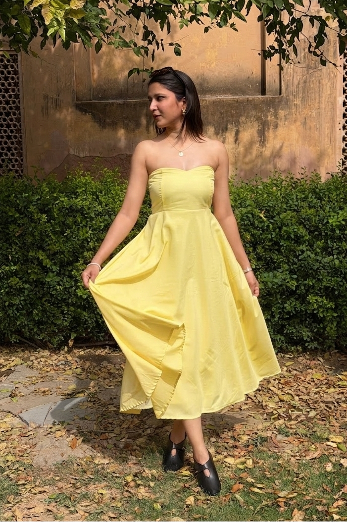 Woman in a yellow dress standing outdoors with greenery and a textured wall in the background