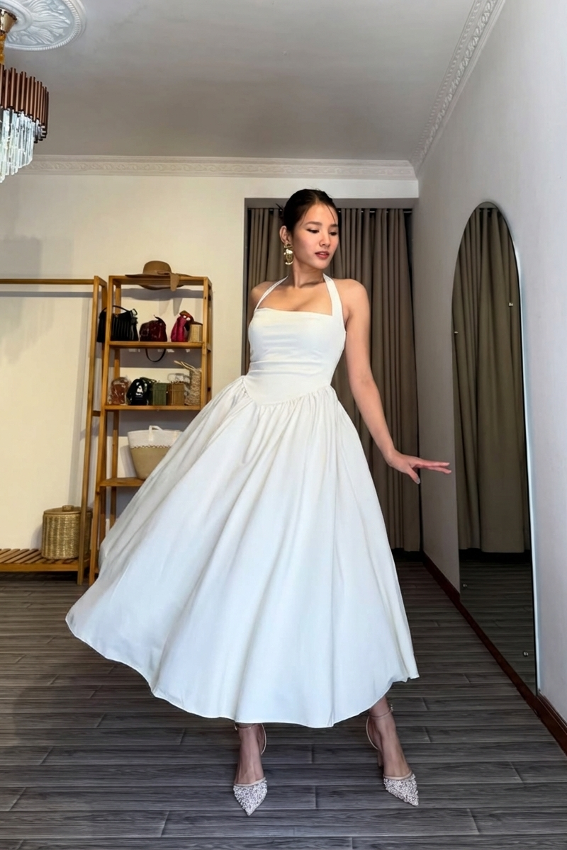 Woman in a white dress standing in a room with wooden flooring and a bookshelf.